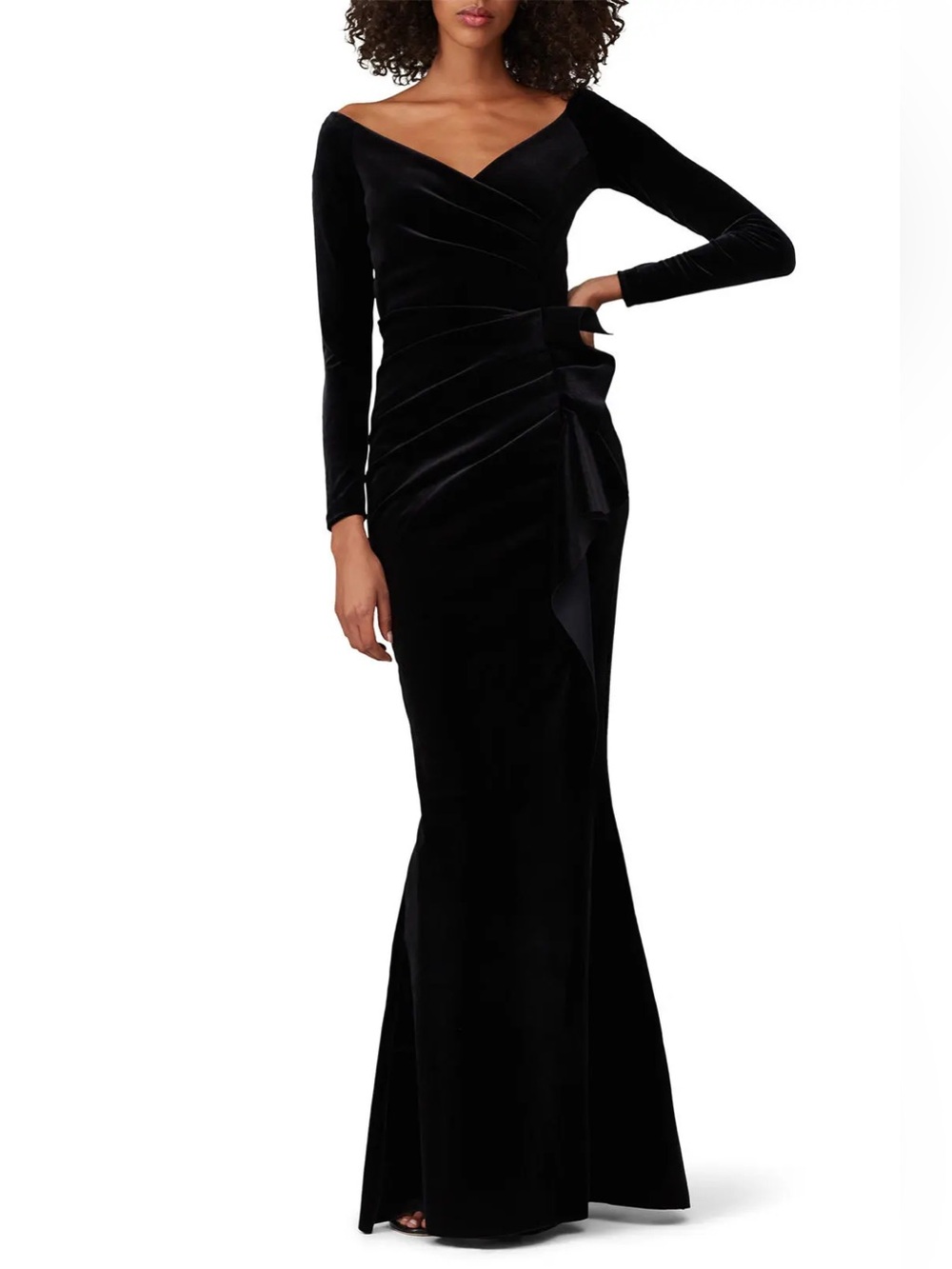 Chiara Boni Black Velvet Long Sleeve Draped Evening Gown
